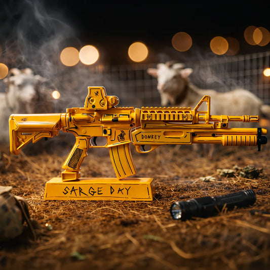 Sarge Day Payload gold AR15 miniature model with Donkey marking, display scene