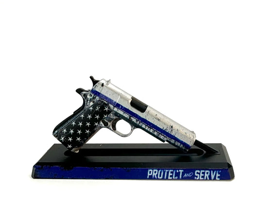 1911 Blue Line Protect and Serve limited edition model on stand
