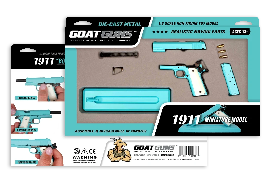 Bunny blue miniature 1911 model packaging and included parts; packaging scale label is incorrect