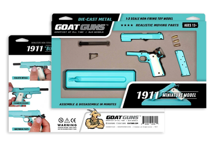 Bunny blue miniature 1911 model packaging and included parts; packaging scale label is incorrect
