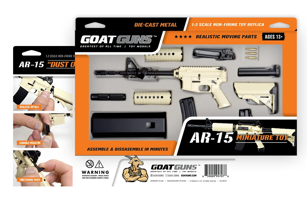 AR15 FDE Dust Off packaging and model parts