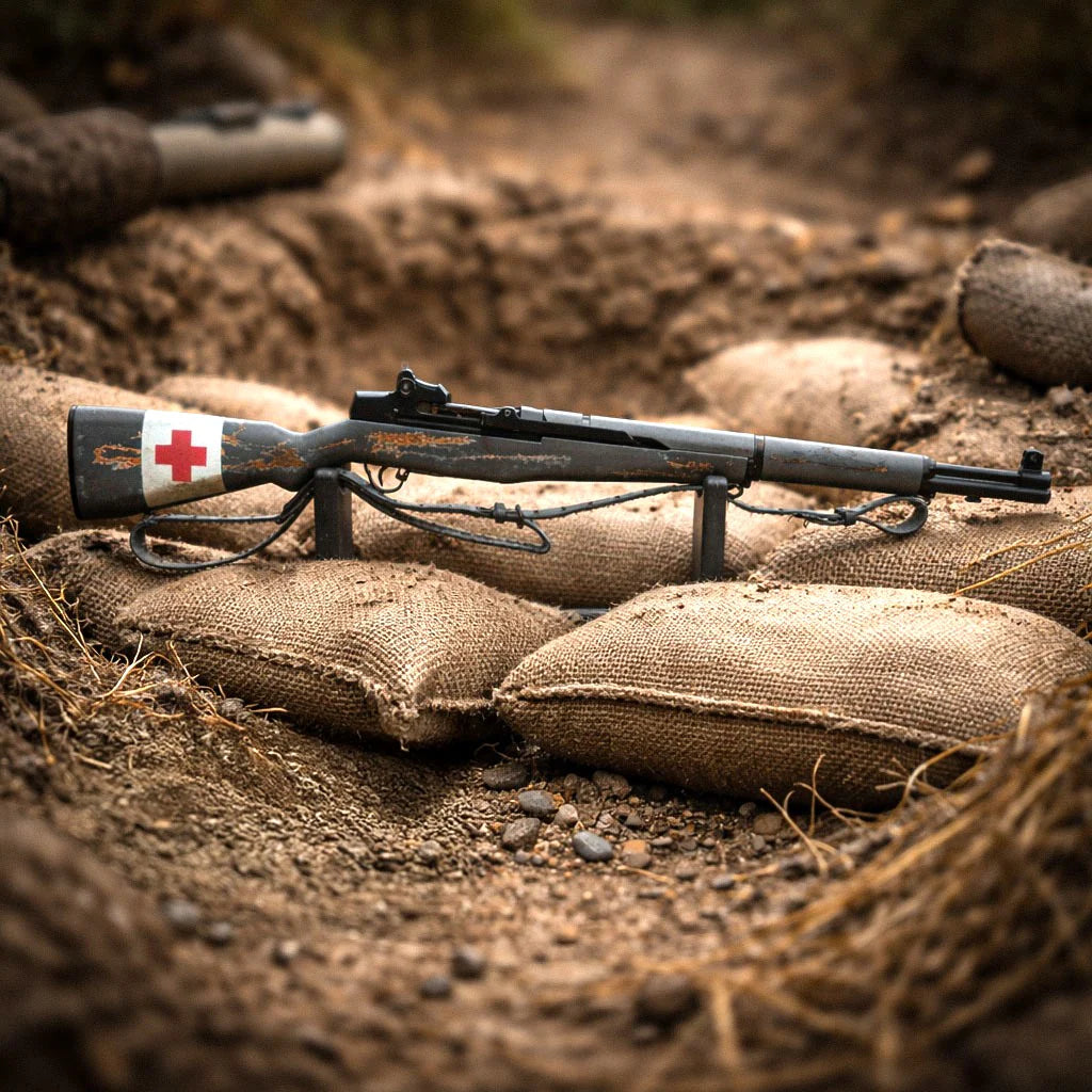 Medic M1 Garand scale model with leather sling on display stand