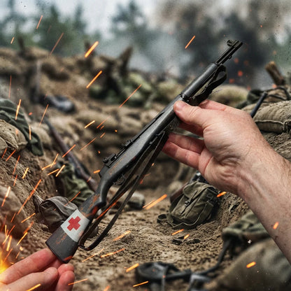 Medic M1 Garand model held in hand with battlefield-inspired backdrop