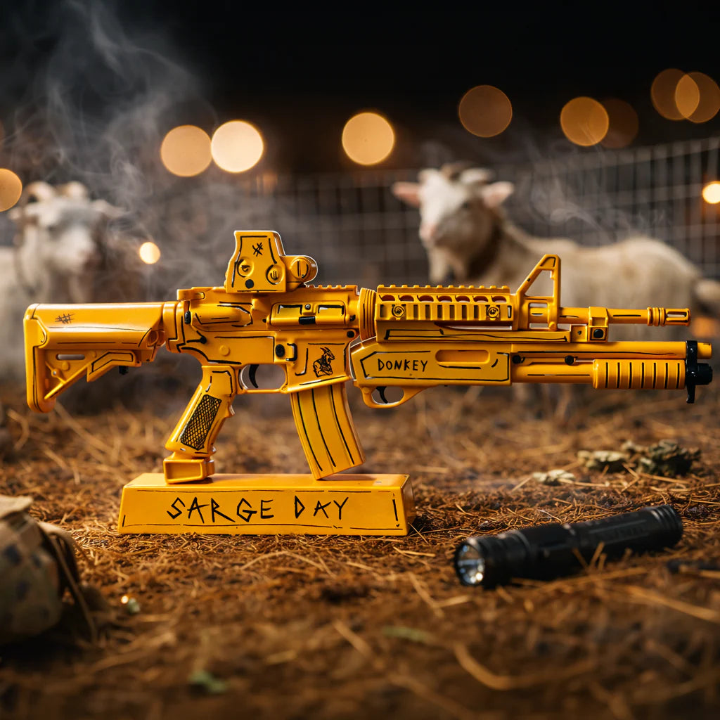 Sarge Day Payload gold AR15 miniature model with Donkey marking, display scene