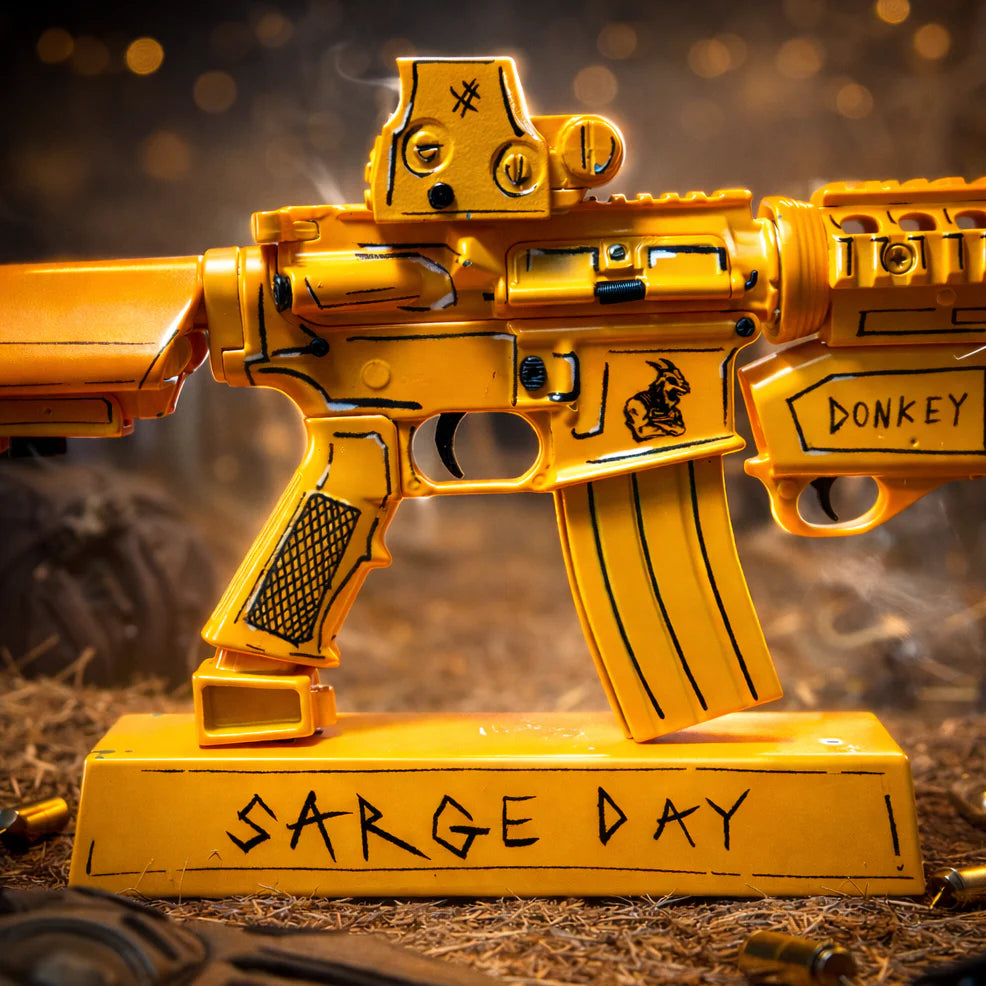 Sarge Day Payload gold AR15 miniature model close-up of receiver and stand
