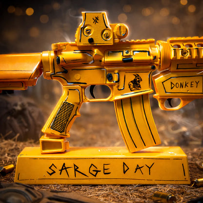 Sarge Day Payload gold AR15 miniature model close-up of receiver and stand