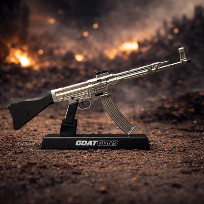 STG44 Silver Model displayed on stand, side view