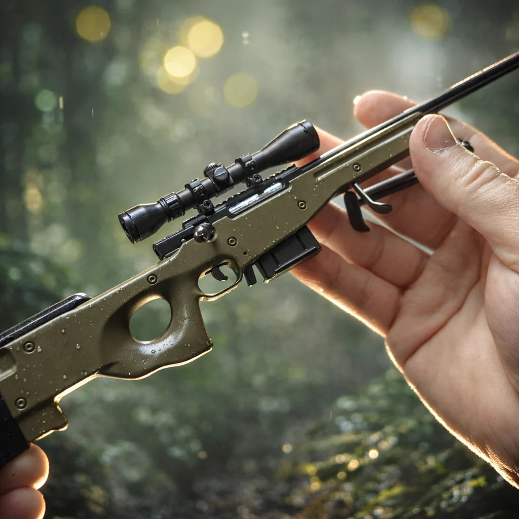 Bullseye OD green miniature sniper model close-up with scope