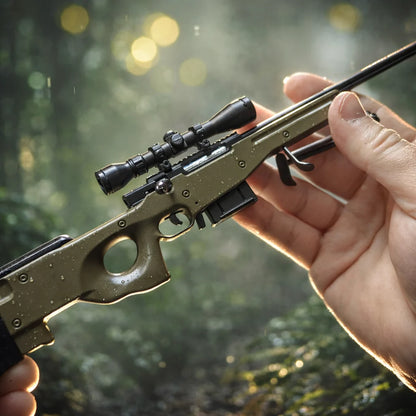 Bullseye OD green miniature sniper model close-up with scope