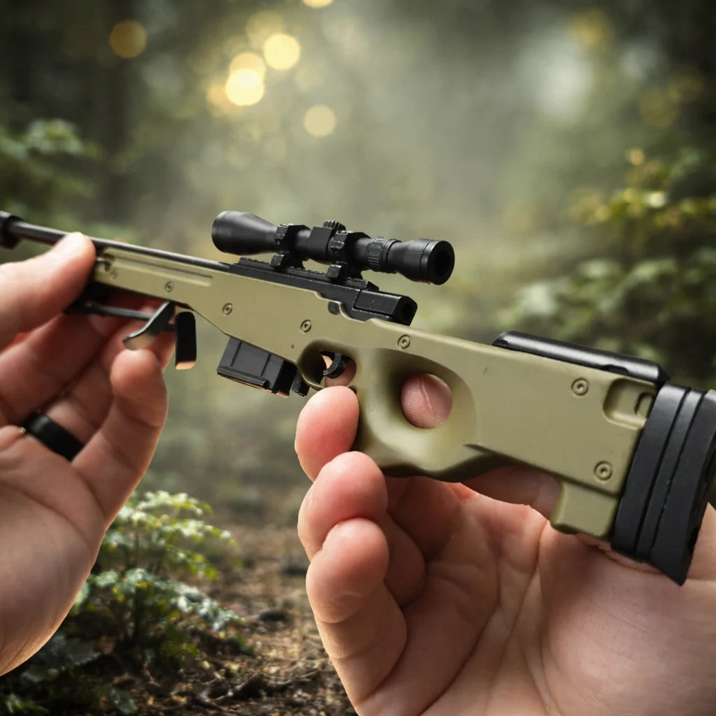 Bullseye OD green miniature sniper model held in hands, opposite side