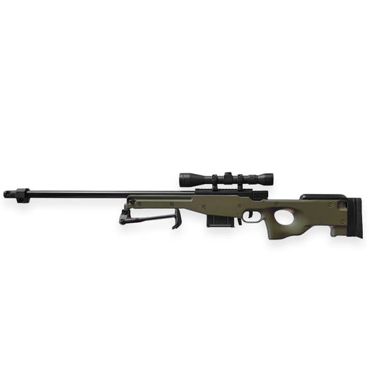 Bullseye OD green miniature sniper model, left side on white background