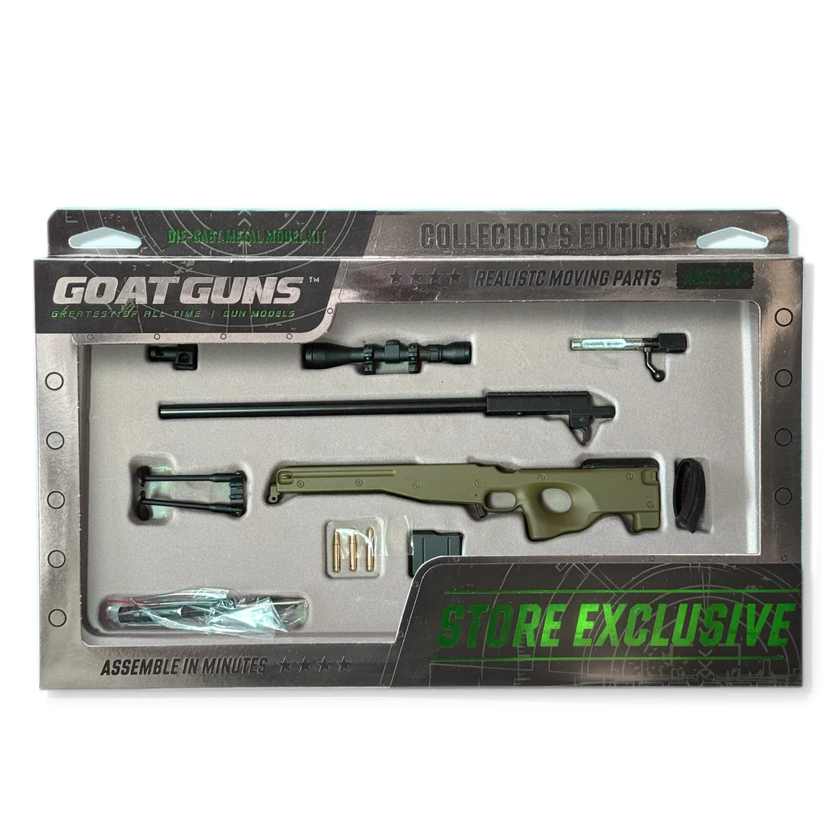 Bullseye OD green store exclusive miniature sniper model in packaging