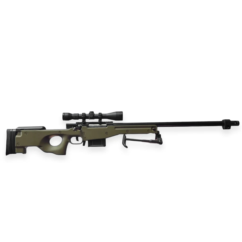 Bullseye OD green miniature sniper model, right side on white background