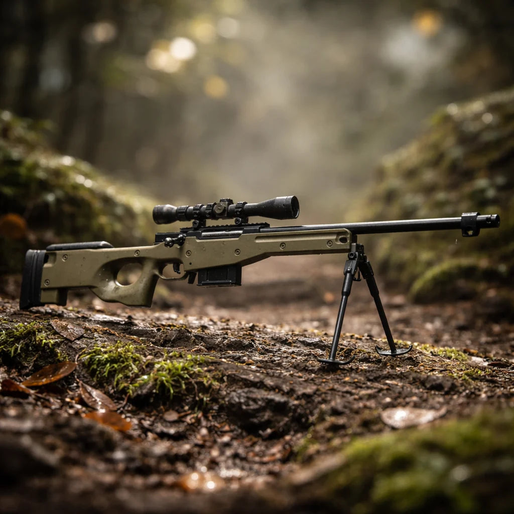 Bullseye OD green miniature sniper model with bipod on woodland display