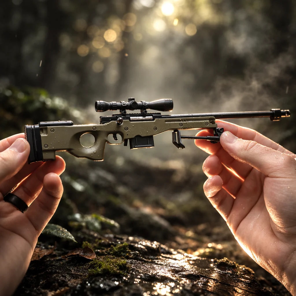 Bullseye OD green miniature sniper model held in hands, full side view