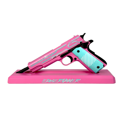 1911 Edge Runner pink and turquoise miniature model on display stand, opposite side