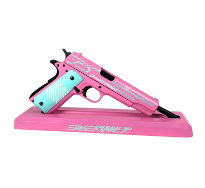 1911 Edge Runner pink and turquoise miniature model on display stand, left side