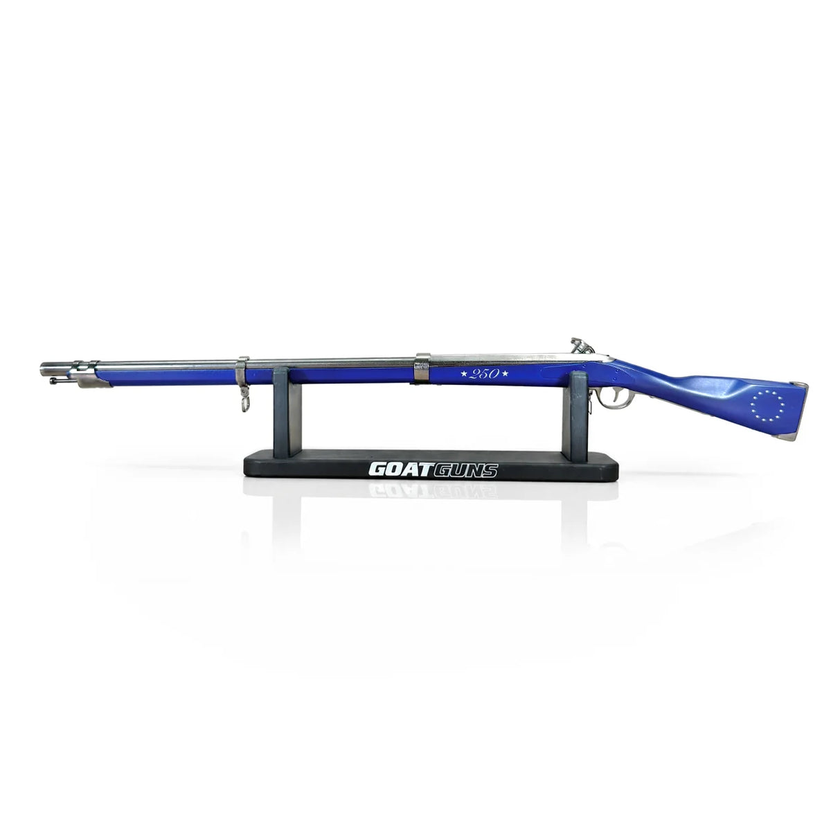 GoatGuns 250th Anniversary Musket blue model right side on stand
